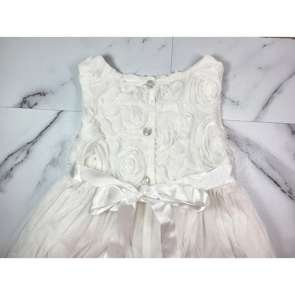 White Petal Mesh Puff Layered Dress Rosette Tulle Crochet Lace Trim Wedding